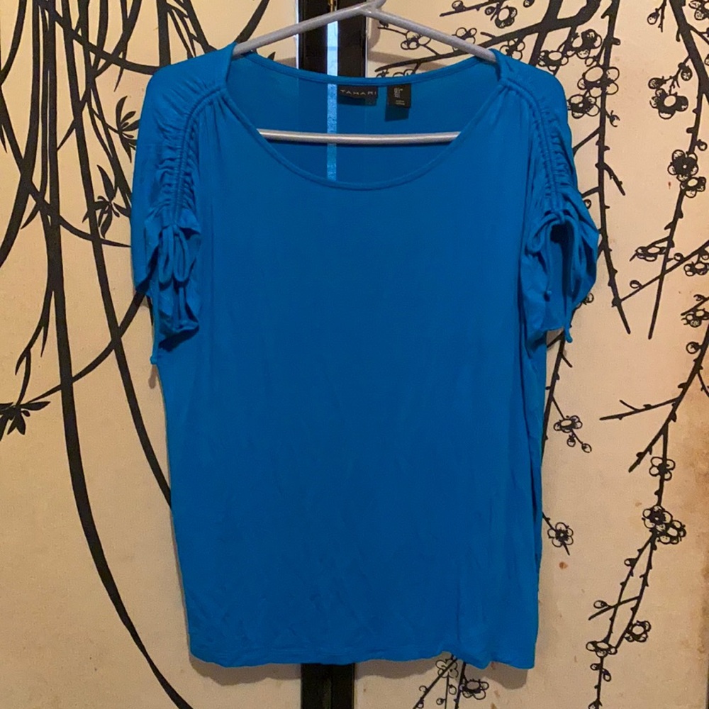 Tahari Women's Blue Teal Ruched Sleeve Blouse Drawstrings Shoulder Stretch